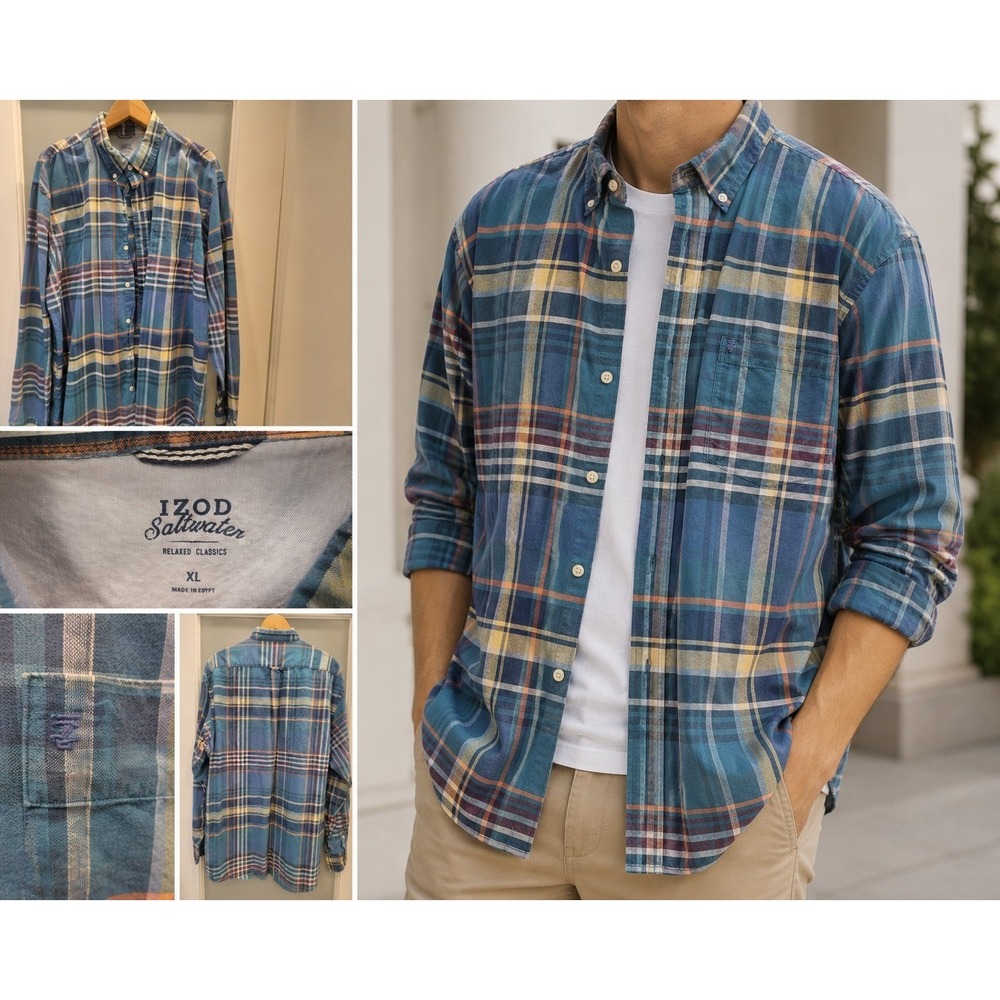 IZOD Saltwater Men's XL Blue Plaid Button Down Shirt Relaxed Classics Long...